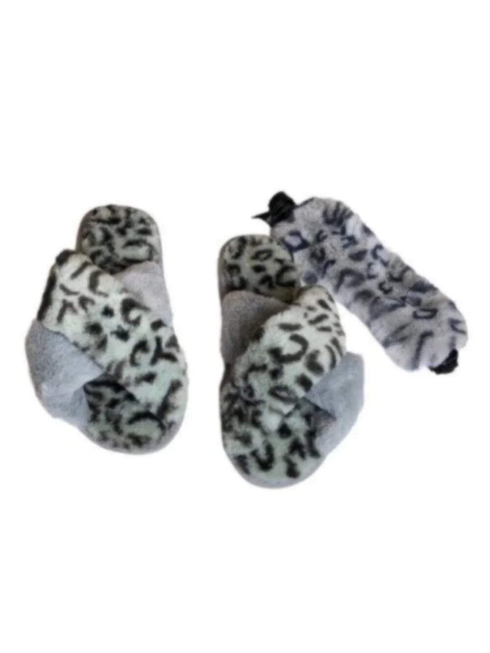 NEW Surell Grey Animal Print Faux Fur Eye Mask & Slippers Set 7-8